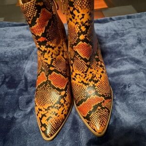 Zara Orange and Black Snake-Print Pointed Ankle Boots